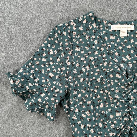 Monteau Floral V-Neck Blouse Women's Medium Blue Short Sleeve Bow Ruched - Picture 3 of 8